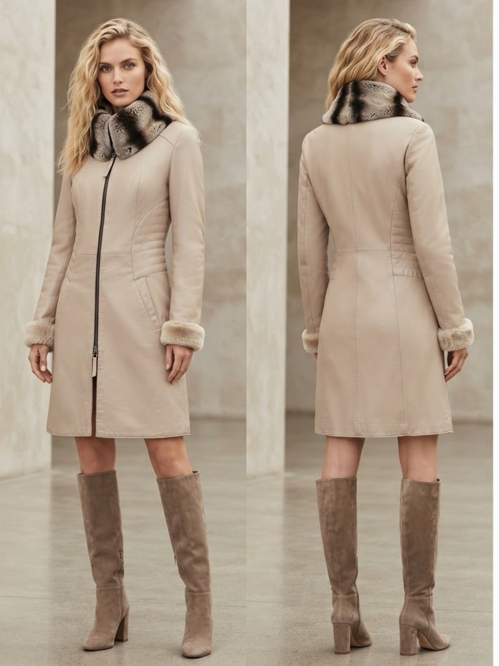 NEW WOMAN LEATHER COAT SHEARLING LINING REAL CHINCHILLA FUR COLLAR ZIP FRONT
